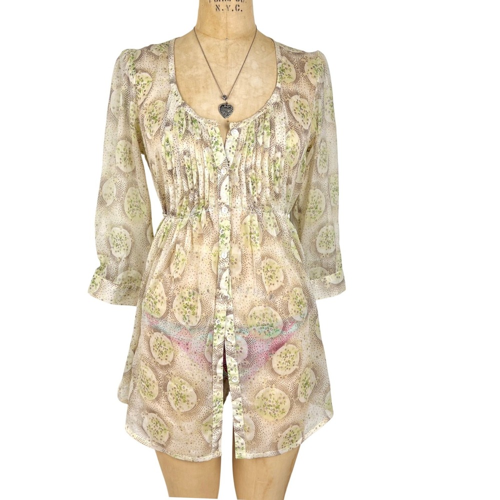 Boho Kimchi Blue Sheer Pintuck‎ Tunic Top Green Floral Button Up Sz M Ethereal